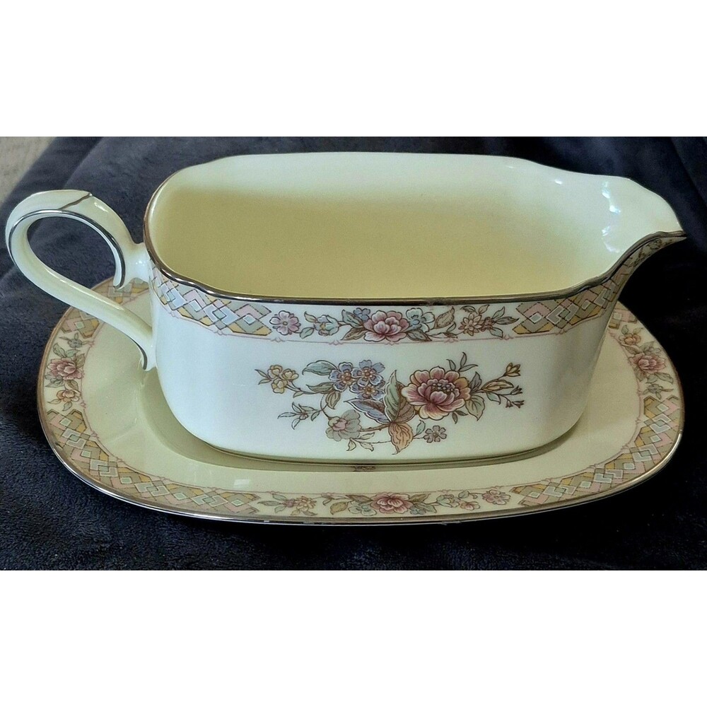 Noritake Imperial Garden Gravy Boat & Underplate 9720 Bone China Platinum Trim